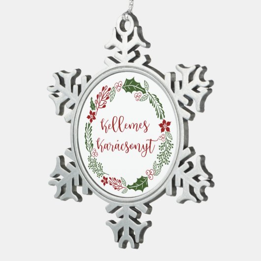 Hongarije Kerst met vrolijk kerstfeest Kellemes Ka Tin Sneeuwvlok Ornament (Rechts)