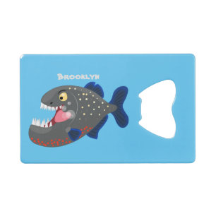 Hongerige grappige piranha cartoonillustratie creditkaart flessenopener