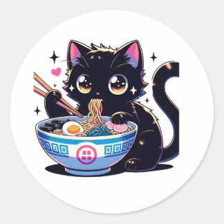 Hongerige kat slurpende noedels ronde sticker