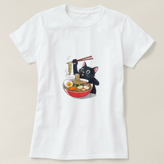 Hongerige zwarte kat met Ramen T-shirt (Design voorkant)