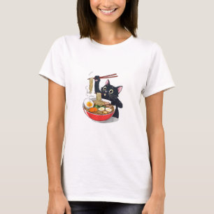 Hongerige zwarte kat met Ramen T-shirt