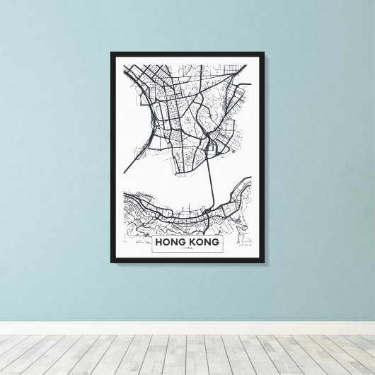 Hongkong, China | Zwarte en witte hoofdkaart Canvas Afdruk (Insitu (Houten vloer))