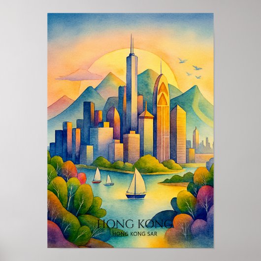 Hongkong Silhouet Aquarel | Reizen Poster (Voorkant)