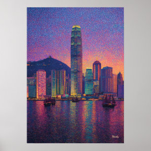Hongkong Silhouette Pointillisme Zonsondergang Sta Poster