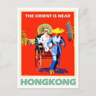 Hongkong, vrouw in riksja, vintage reis briefkaart