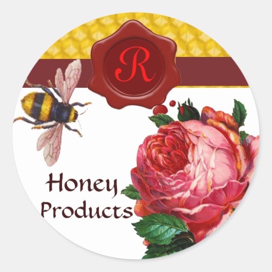 HONIEBEN EN PINK ROSE, BEEKEEPER RODE WAX SEAL RONDE STICKER (Voorkant)
