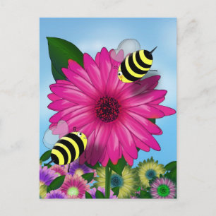 Honigbijen bijeenkomen op roze bloem briefkaart