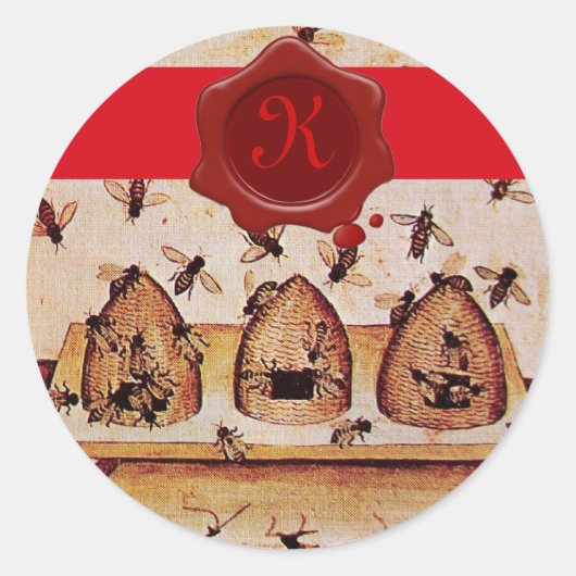 HONIJN, RODE WAKSEAL EN STRIPE MONOGRAM RONDE STICKER (Voorkant)