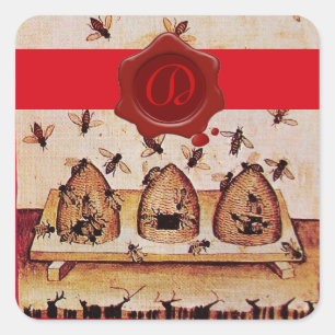 HONIJN, RODE WAKSEAL EN STRIPE MONOGRAM VIERKANTE STICKER