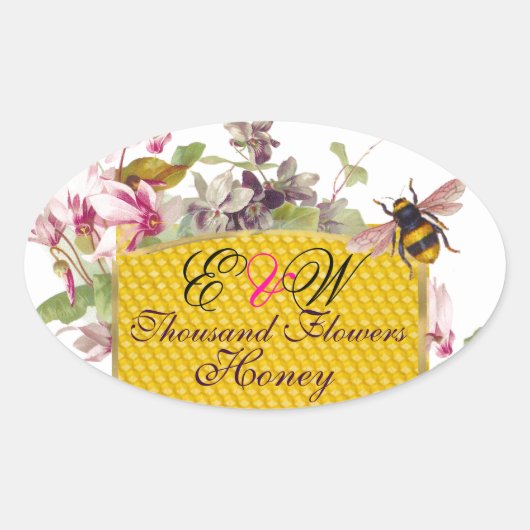 HONIJNBEE, PINK CYCLAMEN FLOWERS BEEKEEPER MONOGRA OVALE STICKER (Voorkant)