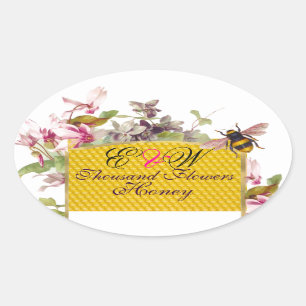 HONIJNBEE, PINK CYCLAMEN FLOWERS BEEKEEPER MONOGRA OVALE STICKER