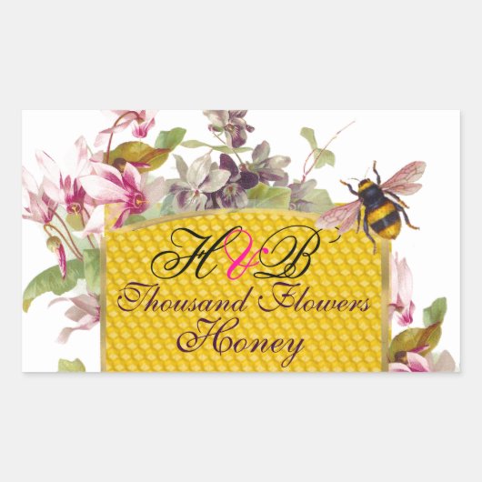 HONIJNBEE, PINK CYCLAMEN FLOWERS BEEKEEPER MONOGRA RECHTHOEKIGE STICKER (Voorkant)