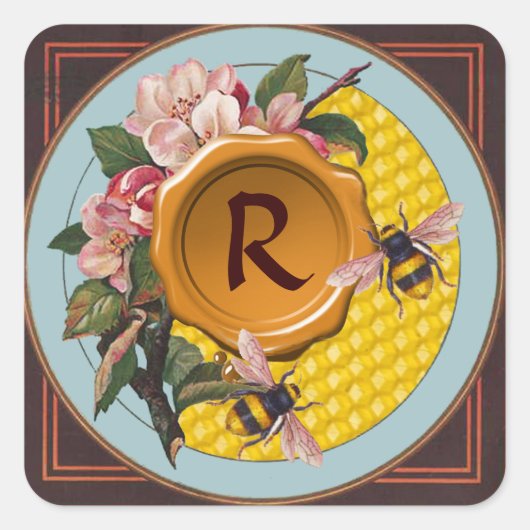 HONIJNEN EN WILDE ROZEN GEEL WAX SEAL MONOGRAM VIERKANTE STICKER (Voorkant)