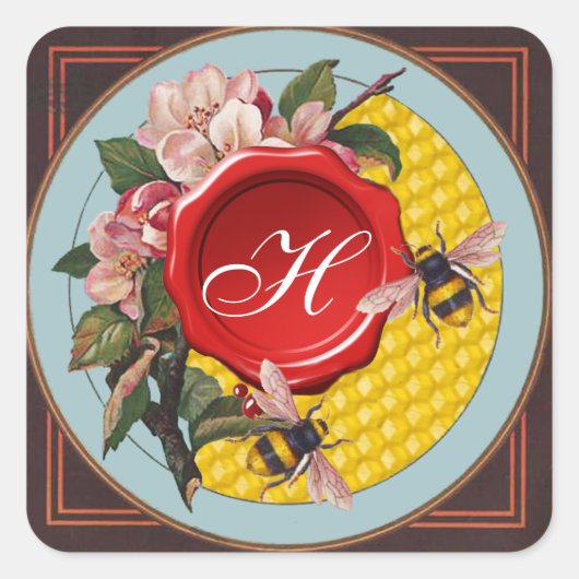 HONIJNEN MET WILDE ROZEN RODE WAX SEAL MONOGRAM VIERKANTE STICKER (Voorkant)