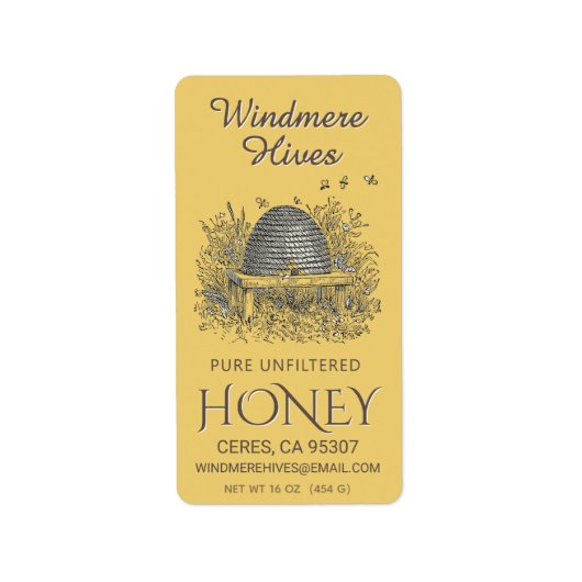 Honing Adreslabel  Skep met bijen Geel Etiket (Voorkant)