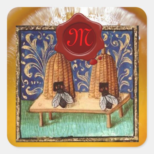 HONING BEE, RODE WAX SEAL MONOGRAM VIERKANTE STICKER (Voorkant)