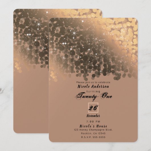 Honing Beige Champagne Gouden Glitter Lichten Fees Kaart (Voorkant / Achterkant)