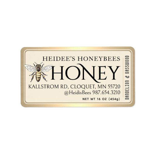 Honing bewerkbaar label  Queen Bee Gold Border (Voorkant)
