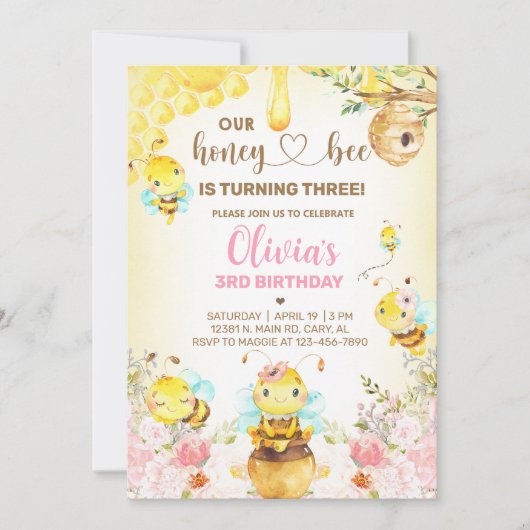 Honing-bij meisje ELKE LEEFTIJD verjaardag uitnodi Kaart (Voorkant)