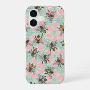 honing bijenkorf bloemig roze aqua iPhone 16 hoesje