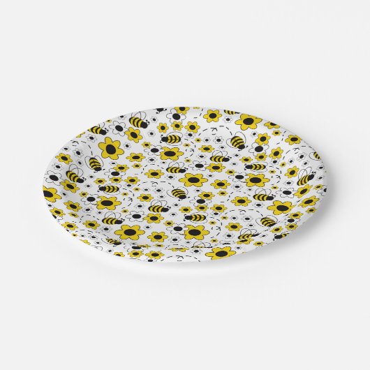 Honing Bumble Bee Geel Wit Bloemen Papieren Bordje (Gekanteld)