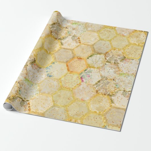 Honing Floral Honeycomb Golden Glitter Cadeaupapier (Uitgerold)