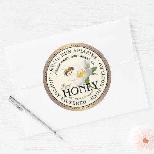 Honing Geborsteld Brons Wild Roos & Bee Rond Label (Envelop)