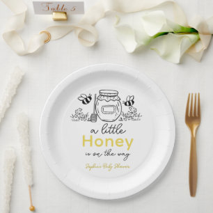 Honing Handgetekende Pot & Bijen Witte Baby Shower Papieren Bordje