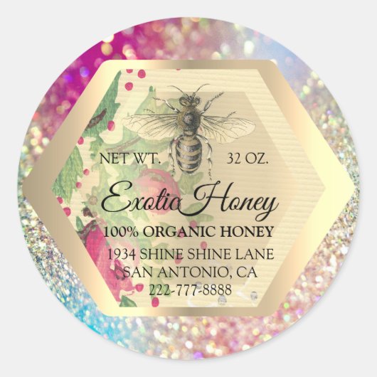 Honing Jar Honeybee Honeycomb Apiary Gold Pink GRE Ronde Sticker (Voorkant)