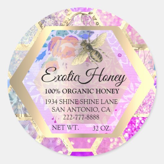 Honing Jar Honeybee Honeycomb Apiary Pink Glitter Ronde Sticker (Voorkant)