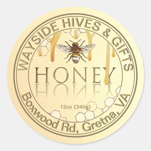 Honing Label met Honeycomb Bee Metallic Gold Drips (Voorkant)