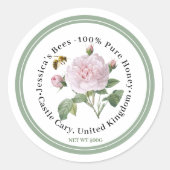 Honing Label met Roze Rose Bee en Groene Rand (Voorkant)