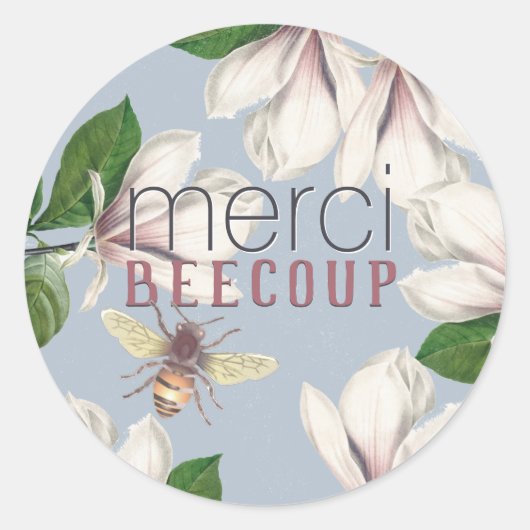 Honing Merci Beecoup Bedankt Magnolia Bee op blauw Ronde Sticker (Voorkant)