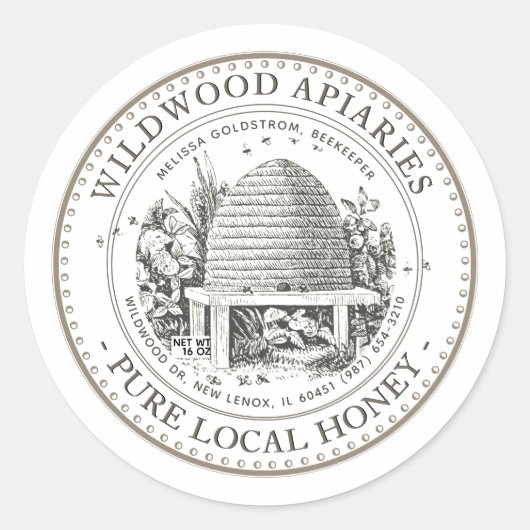 Honing  Tuin Skep Hive met kleine Bijen Ronde Sticker (Voorkant)