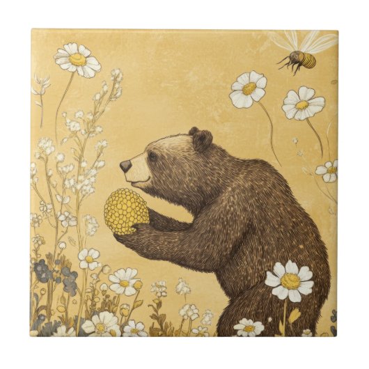 Honingbeer in weide met wilde bloemen tegeltje (Voorkant)