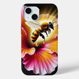 Honingbij bestuift een bloeiende heldere hibiscus iPhone 15 case