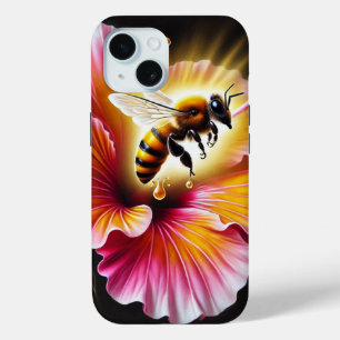 Honingbij bestuift een bloeiende heldere hibiscus iPhone 15 case
