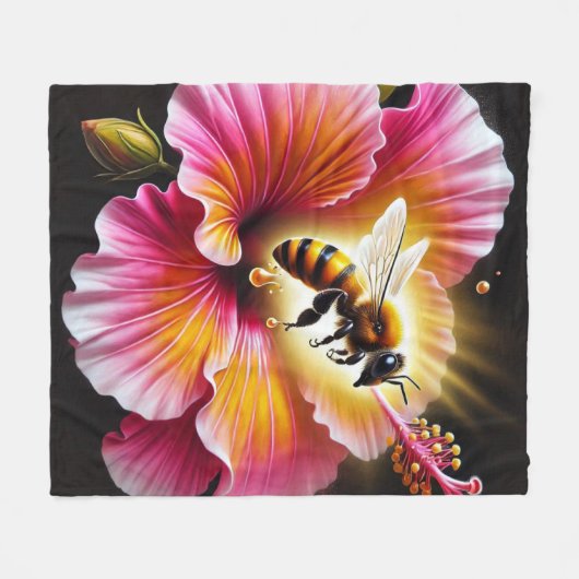 Honingbij bestuift een bloeiende heldere hibiscus fleece deken (Voorkant (Horizontaal))
