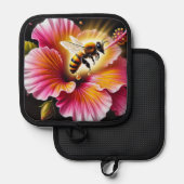 Honingbij bestuift een bloeiende heldere hibiscus pannenlap (Voorkant / Achterkant)