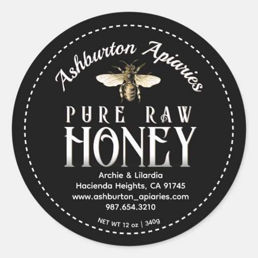  Honingbij Classy Black Pure Raw Honey Ronde Sticker (Voorkant)