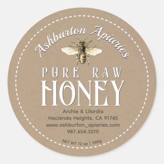  Honingbij Classy Kraft Pure Raw Honey Ronde Sticker (Voorkant)