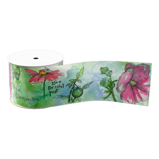 Honingbij Cosmos Waterverf Flowers Green Grosgrain Lint (Spoel)