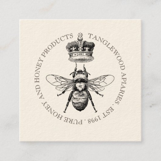 Honingbij Crown Apiary Bijenteelt | Zwart op crème Vierkante Visitekaartje (Voorkant)