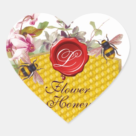 HONINGBIJ, CYCLAMENS RODE WAS SEAL HART MONOGRAM HART STICKER (Voorkant)