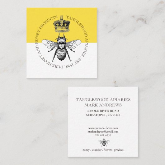 Honingbij en kroon goud en wit vierkante visitekaartje (Voorkant / Achterkant)