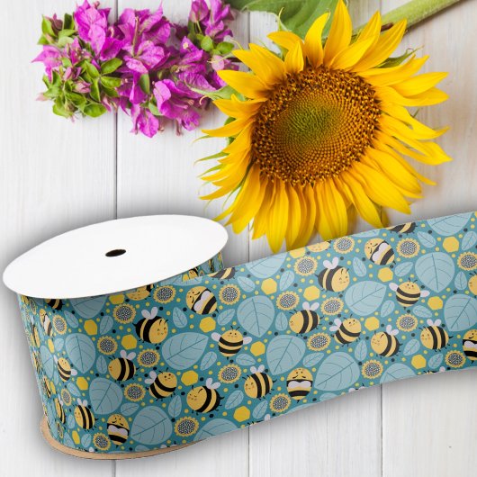 Honingbij en zonnebloemen satijnen lint