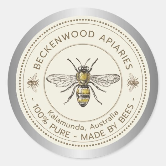 Honingbij Geel Imker Bijenstal Zilveren Rand Ronde Sticker (Voorkant)