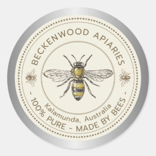 Honingbij gele imker bijenstal zilveren rand ronde sticker