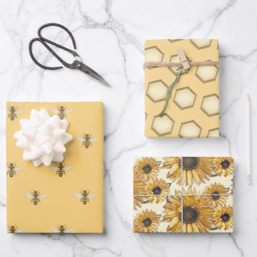 Honingbij Honingraat Zonnebloem Bijenhouder Gift W Inpakpapier Vel (Voorkant)