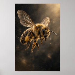 Honingbij in Vlucht met Gouden Stuifmeel Natuur Wa Poster